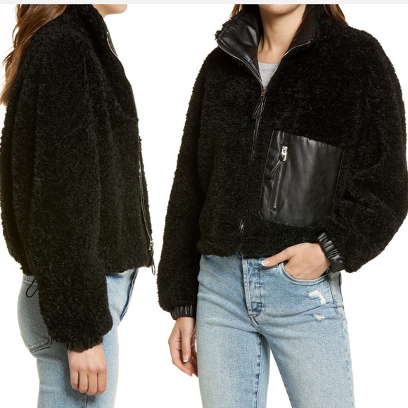 Faux Fur Shearling with Vegan Leather Trim Bomber Jacket - XL - Picture 7 of 7